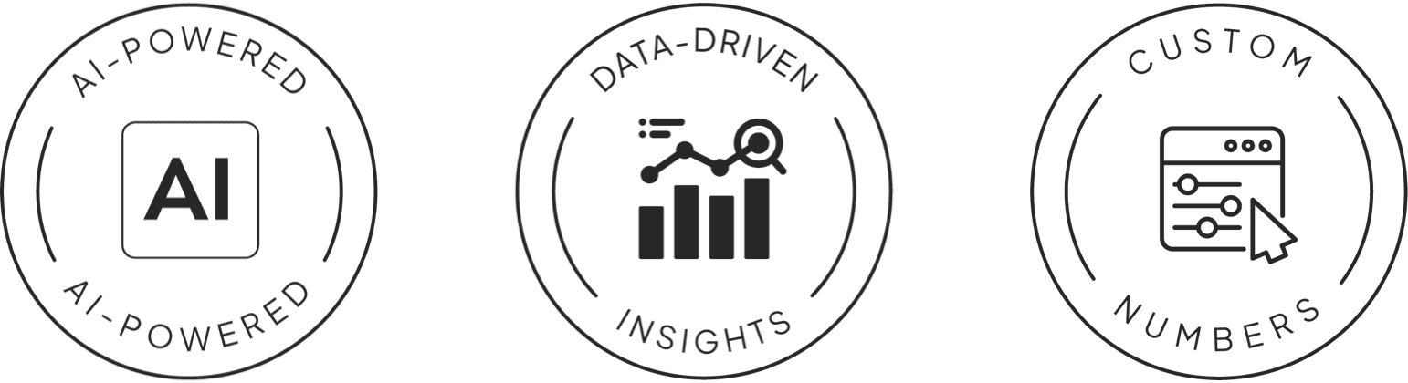 Three product marks: AI-powered, data-driven insights and custom numbers