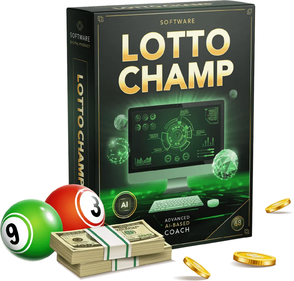 LottoChamp software box with lottery balls, banknotes and gold coins